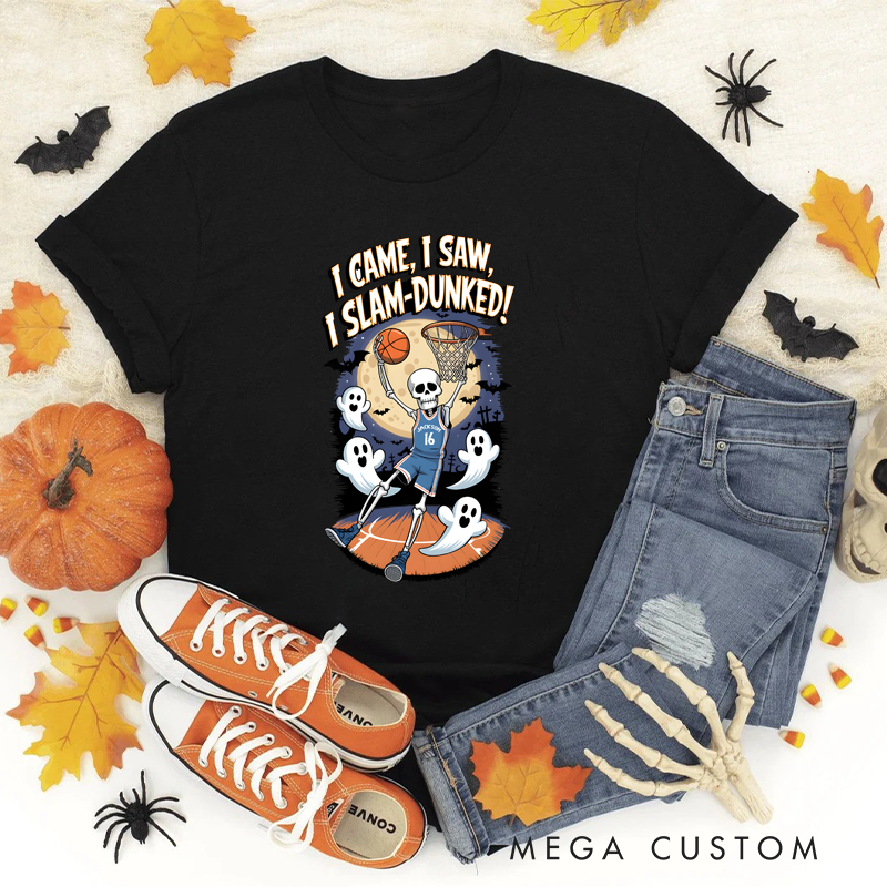 Personalized Halloween Basketball T-Shirt with Skeleton Design, Custom Name, and Number