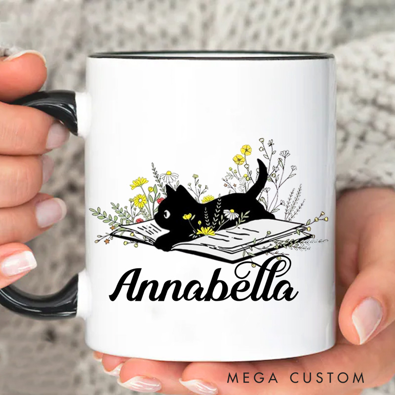 Personalized Black Cat and Book Mugs Custom Flower Book Coffee Mug with Name Librarian Mug Book Lover Gift Bookish Gift Librarian Gift
