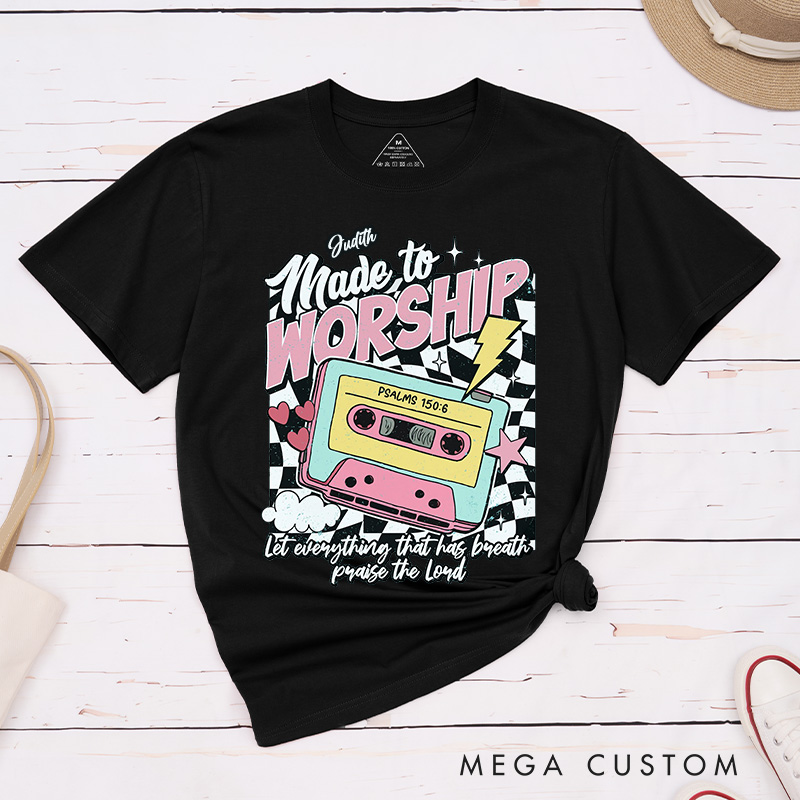 Personalized Made to Worship Cotton T-Shirt with Name Christian Psalm 150:6 Classic T-Shirt Retro Bible Verse Shirt Jesus Tee Christian Faith Gift