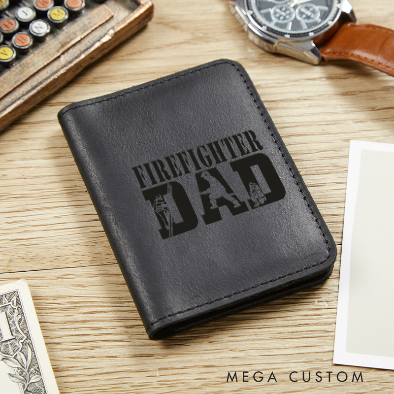 Personalized Leather Card Holder Wallet Firefighter Dad Gift for Firefighter