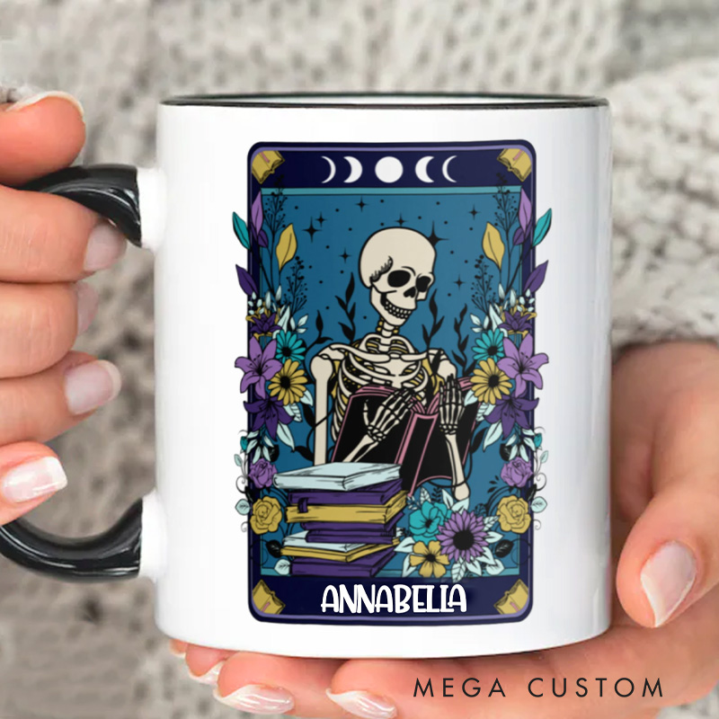 Personalized Skeleton Tarot Card Mugs Custom Skeleton Reader Coffee Mug with Name Halloween Librarian Mug Book Lover Gift for Bookish Halloween Gift