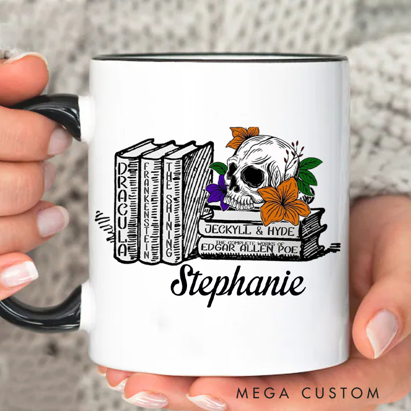Personalized Spooky Book Mugs Custom Floral Skull Coffee Mug with Name Halloween Librarian Mug Book Lover Gift for Bookish Halloween Gift