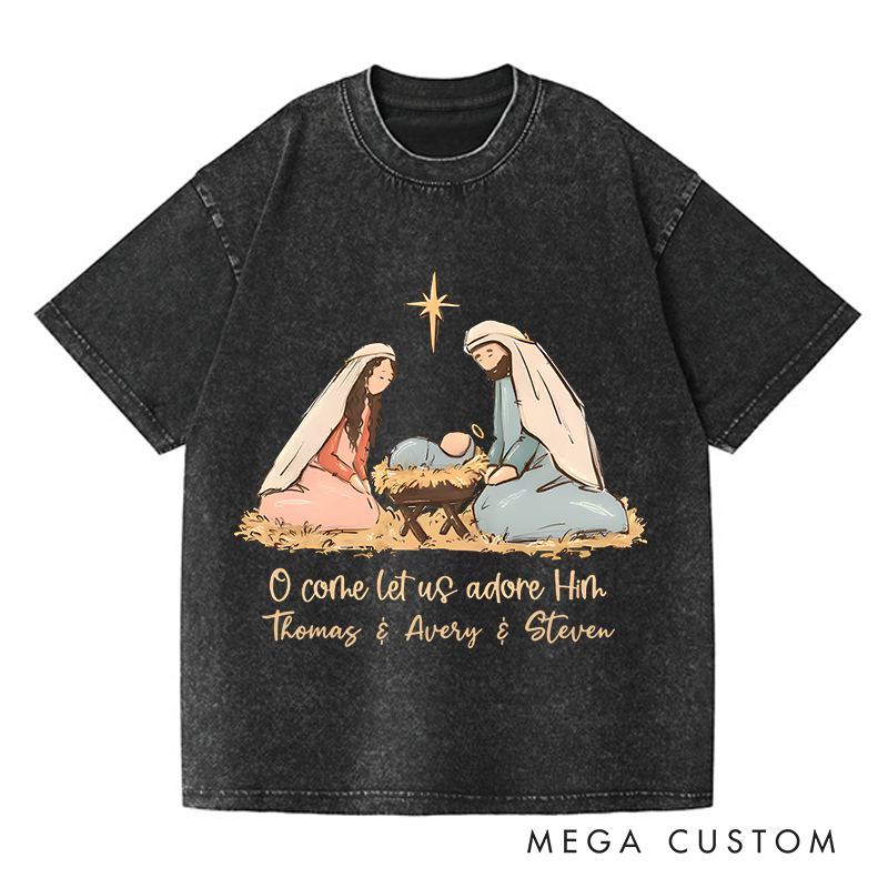 Personalized Washed T-Shirts O Come Let Us Adore Him Nativity Scene Inspirational T-Shirt