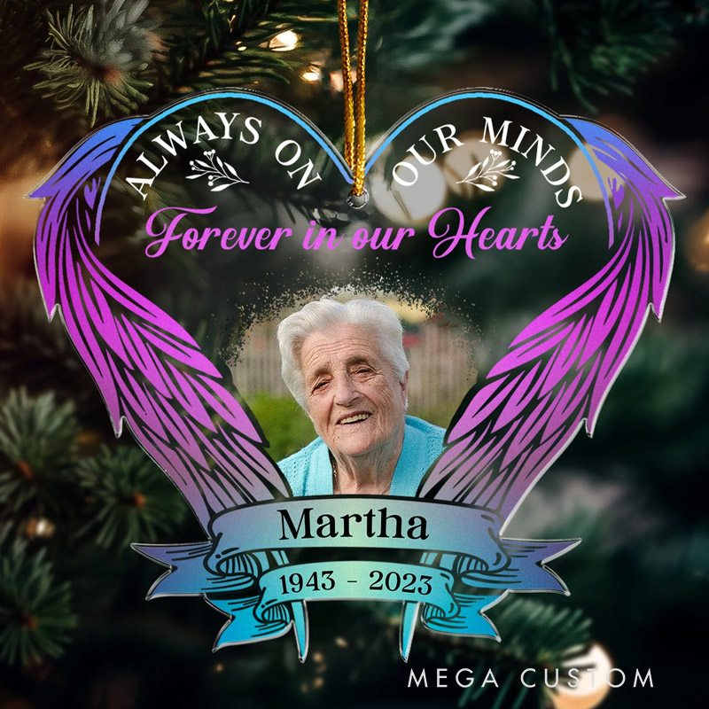 Personalized Memorial Photo Ornament Forever In Our Hearts Sympathy Keepsake Gift Custom Wings Shaped Acrylic Ornament Memorial Gift