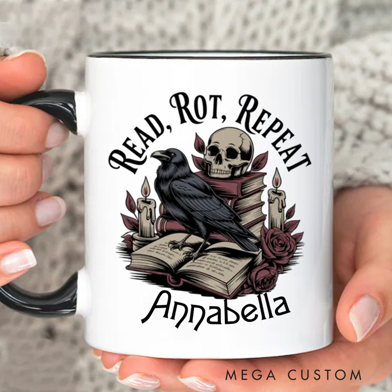 Personalized Read Rot Repeat Mugs Gothic Raven Skull Coffee Mug with Name Halloween Coffee Cup Book Lover Gift for Bookish Gift