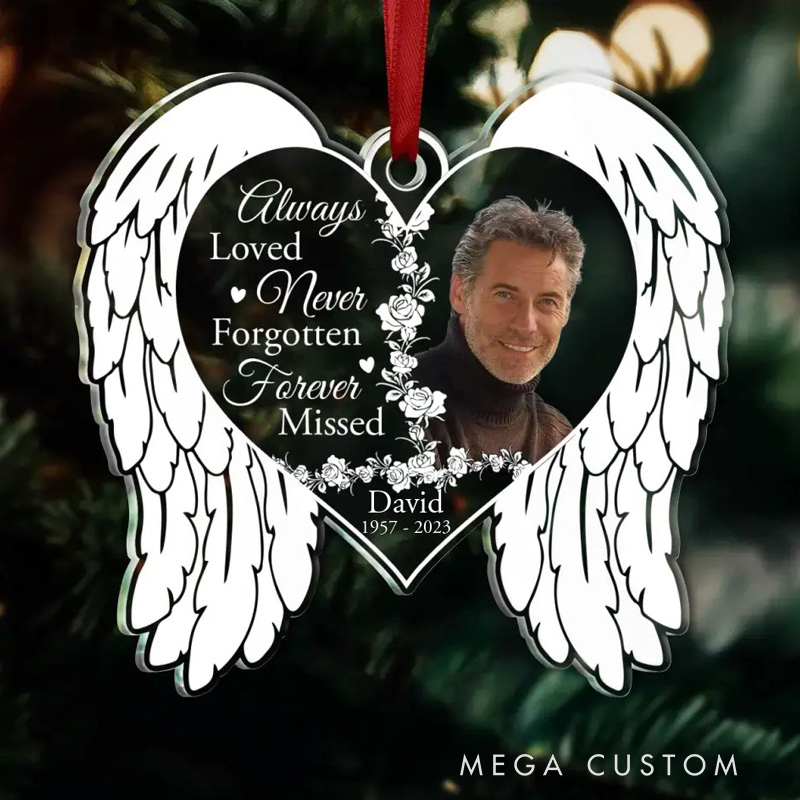 Personalized Memorial Heart Wings Acrylic Ornament Memorial Gift Idea for Christmas Always Loved Never Forgotten Forever Missed