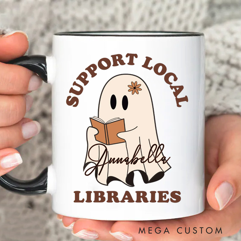 Personalized Support Local Libraries Mugs Custom Ghost Reading Coffee Mug with Name Librarian Mug Book Lover Gift for Bookish Gift