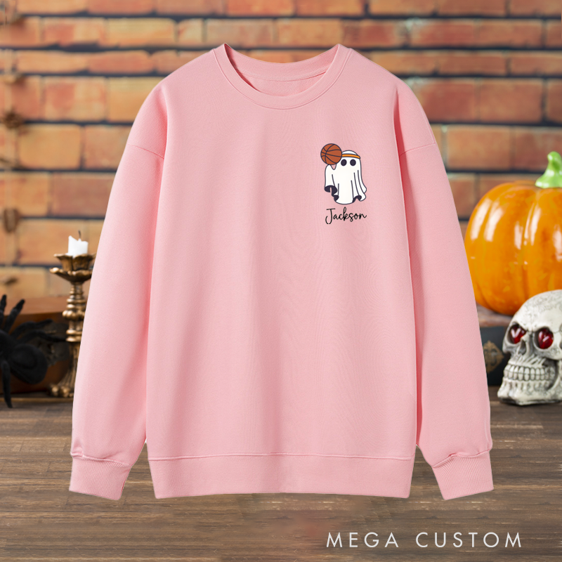Personalized Halloween Sweatshirt with Ghost Basketball Design and Custom Name