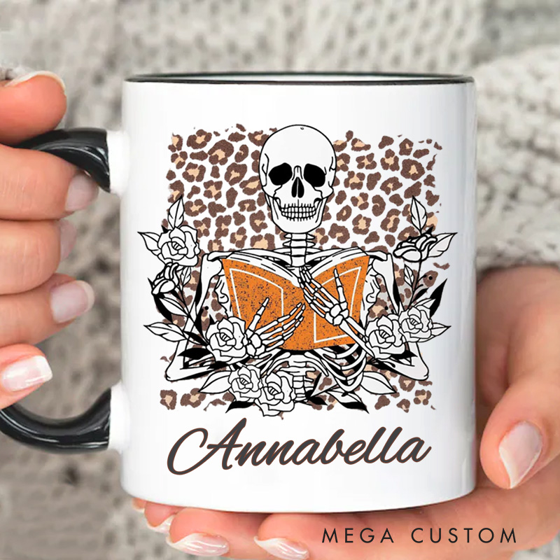 Personalized Skeleton Reading Mugs Custom Flower Skeleton Coffee Mug with Name Leopard Print Mug Book Lover Gift for Bookish Gift