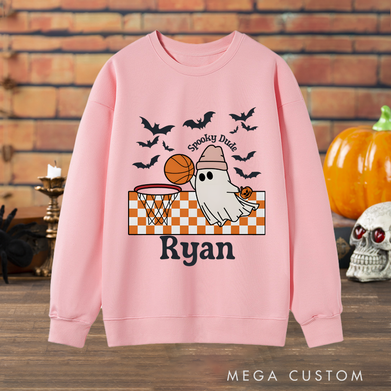 Personalized Halloween Sweatshirt with Ghost Basketball Design, Custom Name, and Spooky Details