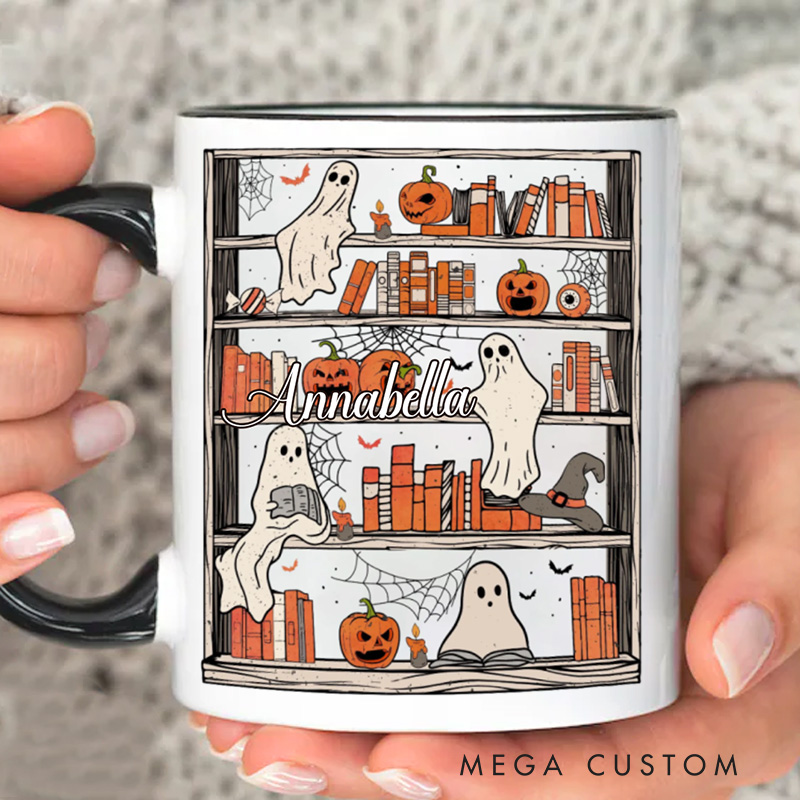 Personalized Reading Ghost Halloween Mugs Custom Bookish Ghost Coffee Mug with Name Librarian Mug Book Lover Gift for Halloween Gift