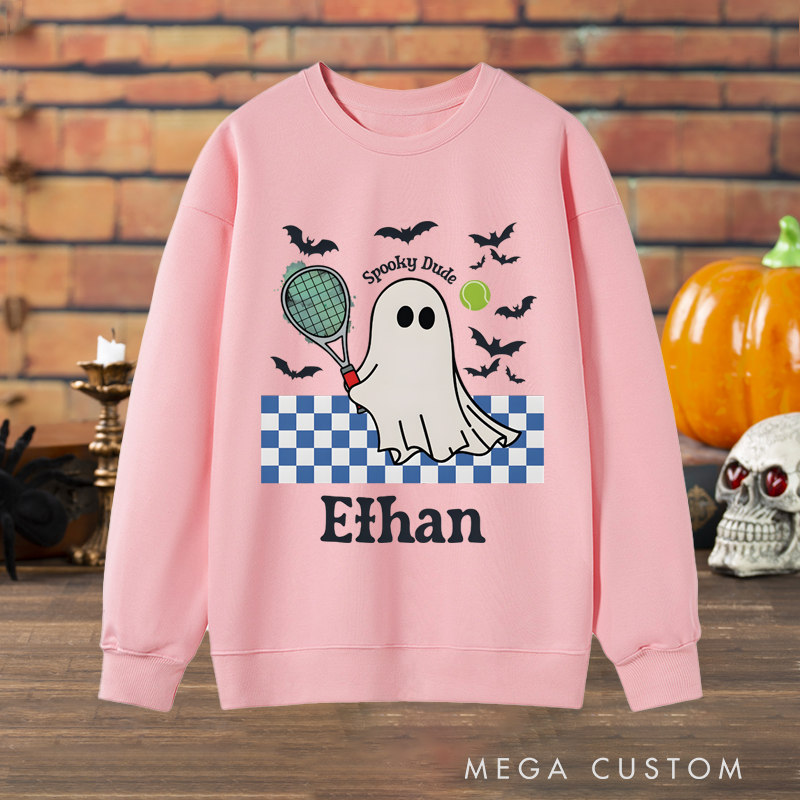 Personalized Halloween Sweatshirt with Ghost Tennis Design and Custom Name