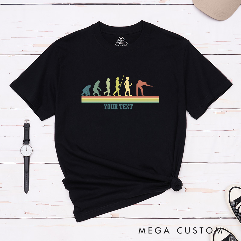 Personalized Billiards, Pool, and Snooker Retro Evolution T-Shirts with Custom Text on the Front