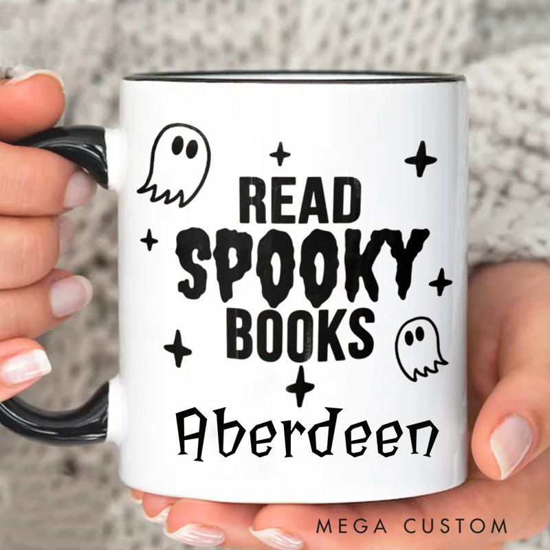 Personalized Read Spooky Books Mugs Custom Ghost Reading Books Coffee Mug with Name Halloween Spooky Mug Book Lover Gift for Halloween Gift