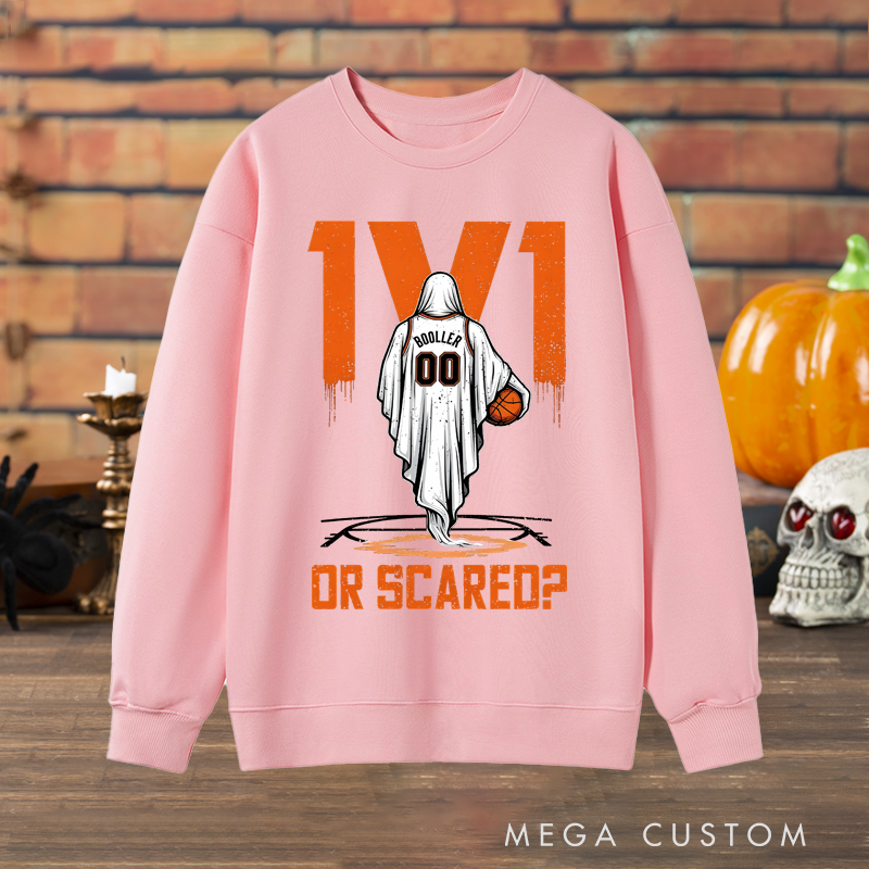 Personalized "1v1 or Scared?" Halloween Basketball Sweatshirt with Custom Name and Number