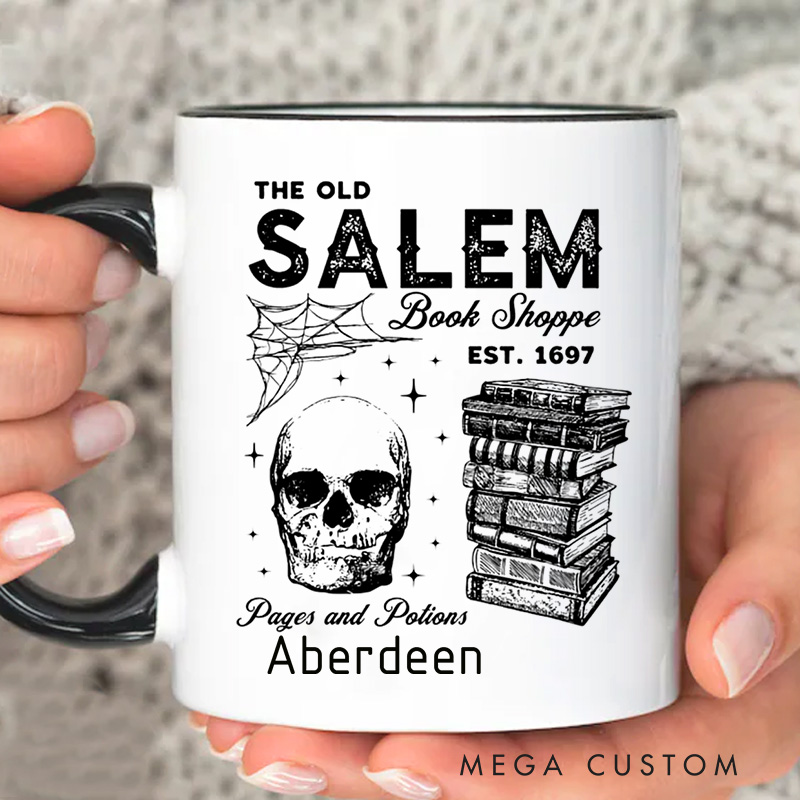 Personalized Salem Book Store Mugs Custom Skeleton and Book Coffee Mug with Name Halloween Spooky Mug Book Lover Gift for Halloween Gift