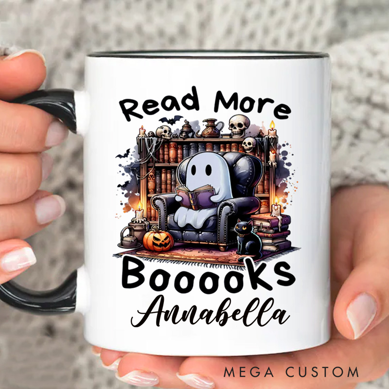 Personalized Read More Booooks Mugs Custom Reading Ghost Coffee Mug with Name Spooky Ghost Mug Book Lover Gift for Halloween Gift