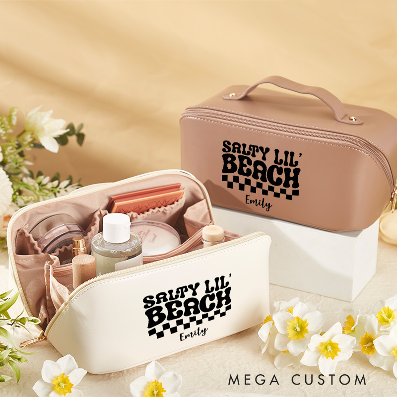 Personalized Salty Lil Beach Cosmetic Bag for Traveling Lovers Custom Travel Makeup Bag Leather Toiletry Bag for Her