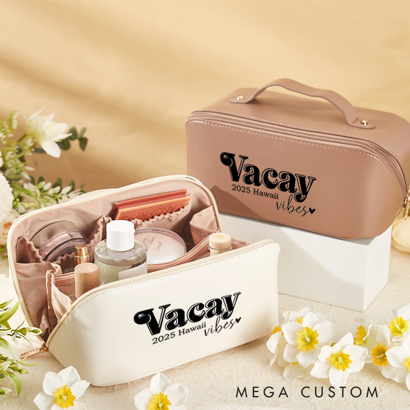 Personalized Vacay Vibes Cosmetic Bag for Traveling Lovers Custom Travel Makeup Bag Leather Toiletry Bag for Her