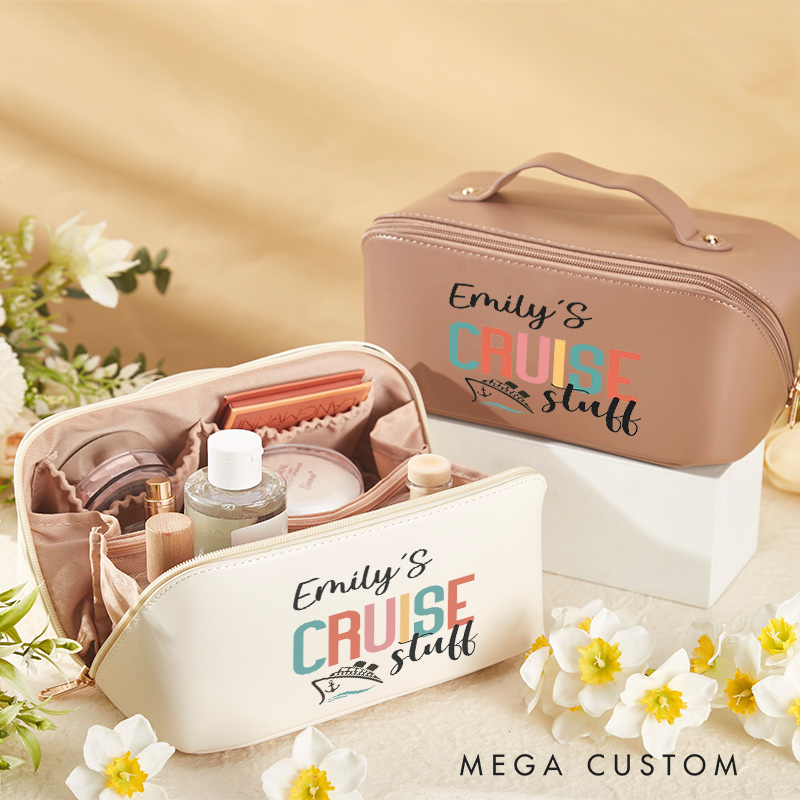 Personalized Cruise Stuff Cosmetic Bag for Traveling Lovers Custom Travel Makeup Bag Leather Toiletry Bag for Her