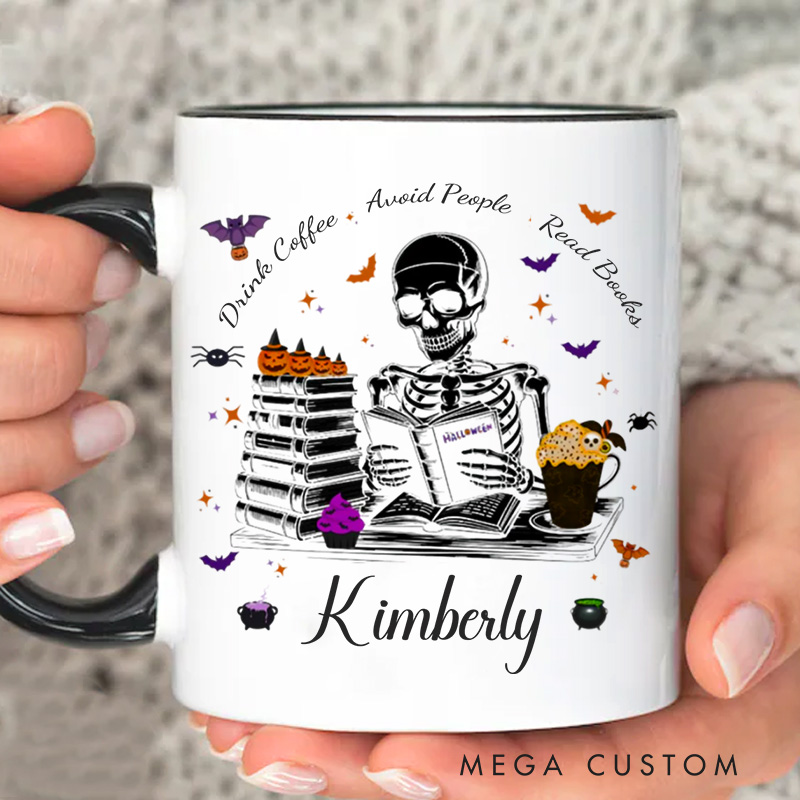 Personalized Drink Coffee Avoid People Read Books Mugs Custom Reading Skeleton Coffee Mug with Name Book Lover Gift for Halloween Gift