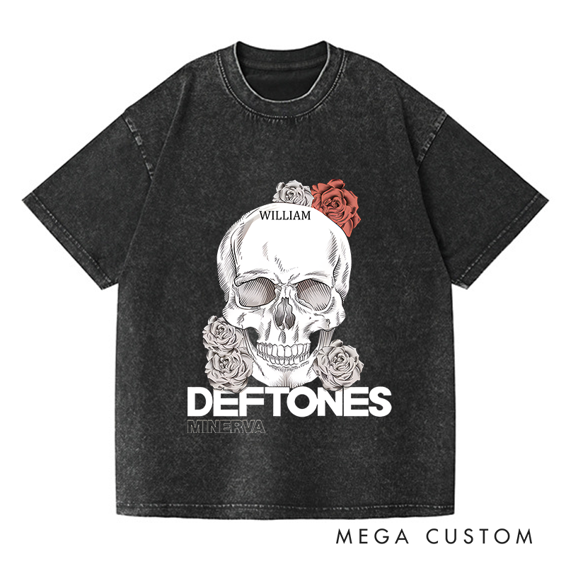 Personalized Washed T-Shirts Elegant Skull and Roses Artistic Flora T-Shirt
