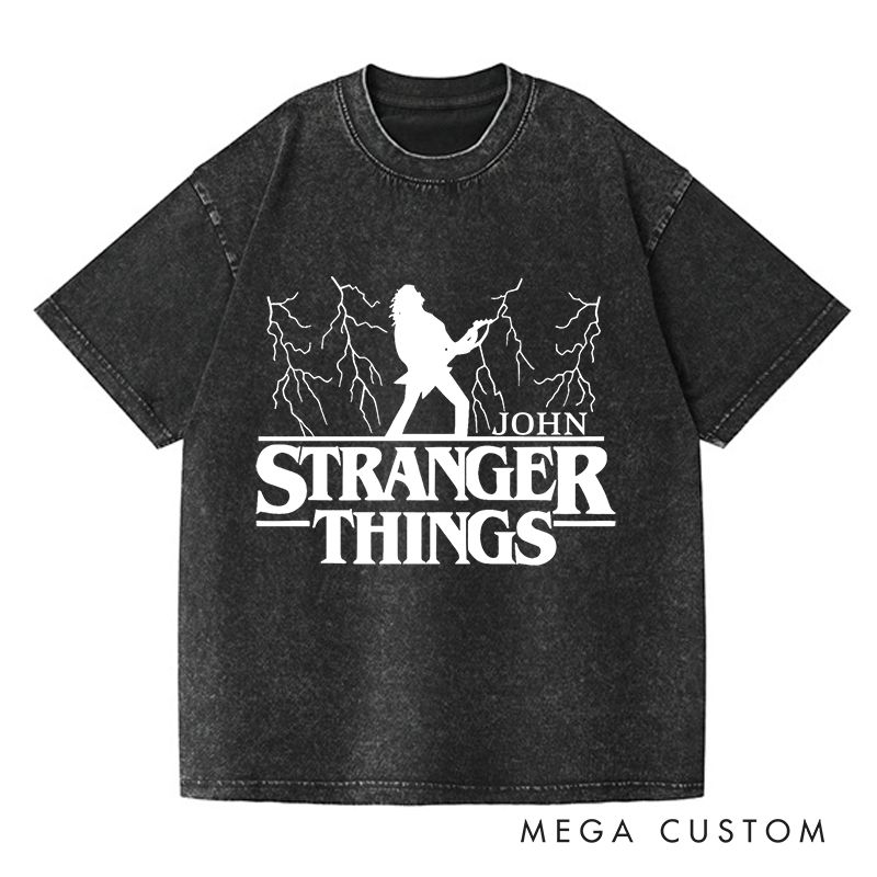 Personalized Washed T-Shirts Bold Guitarist and Lightning Unique and Dynamic T-Shirt