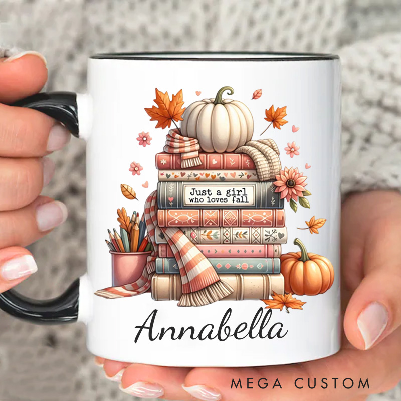 Personalized Just a Girl Who Loves Fall Mugs Custom Autumn Pumpkin Coffee Mug with Name Fall Book Lover Mug Book Lover Gift for Librarian Gift