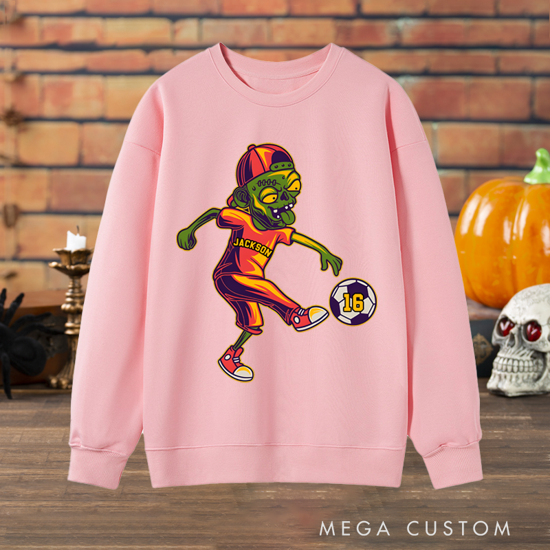 Personalized Halloween Sweatshirt with Zombie Soccer Player Design, Custom Name, and Number