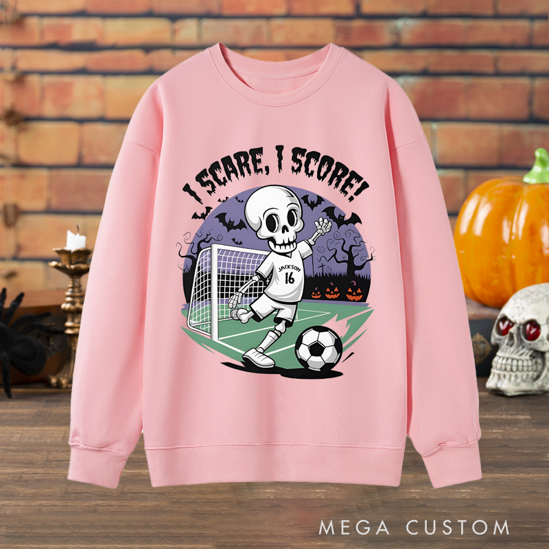 Personalized Halloween Soccer Sweatshirt with Skeleton Player Design, Custom Name, and Number