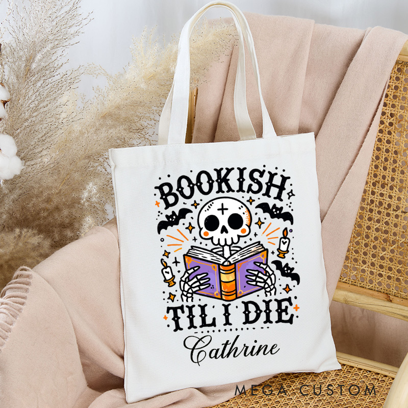 Personalized Bookish Till I Die Tote Bag Custom Reading Ghost Bag with Name Halloween Bat Totes Book Lover Halloween Gift Librarian Gift