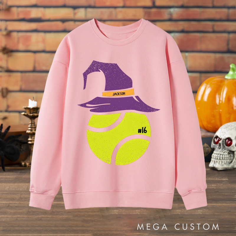 Personalized Halloween Tennis Sweatshirt with Witch Hat Design, Custom Name, and Number