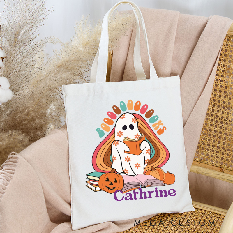 Personalized Booooks Tote Bag Custom Reading Ghost Bag with Name Reading Shopping Bag Book Lover Halloween Gift Librarian Gift