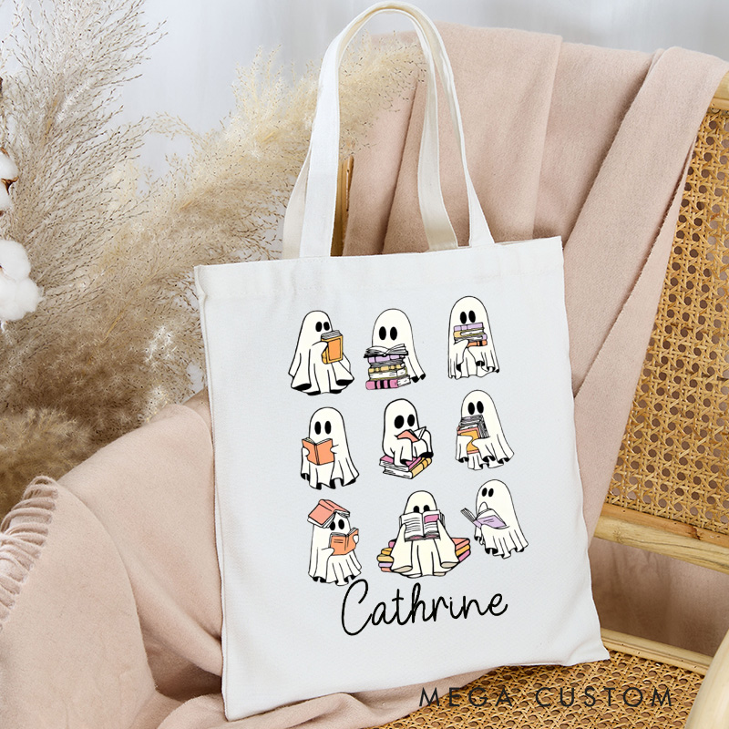 Personalized Ghost Reading Tote Bag Custom Halloween Ghost Bag with Name Halloween Bookish Bag Book Lover Halloween Gift Librarian Gift