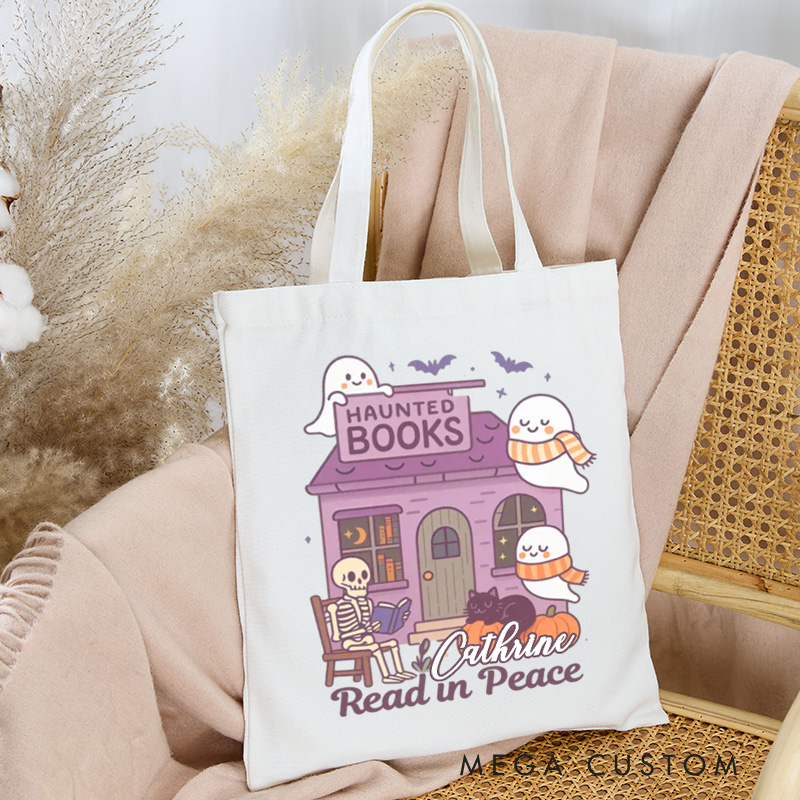 Personalized Read in Peace Tote Bag Custom Halloween Bookstore Bag with Name Trick or Treat Tote Bag Book Lover Gift Bookish Halloween Gift