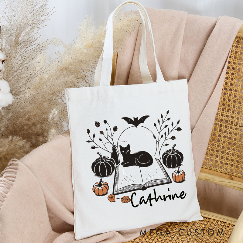 Personalized Halloween Book and Cat Tote Bag Custom Black Cats Bag with Name Bookish Bat Pumpkin Bag Book Lover Gift Librarian Gift Halloween Gift