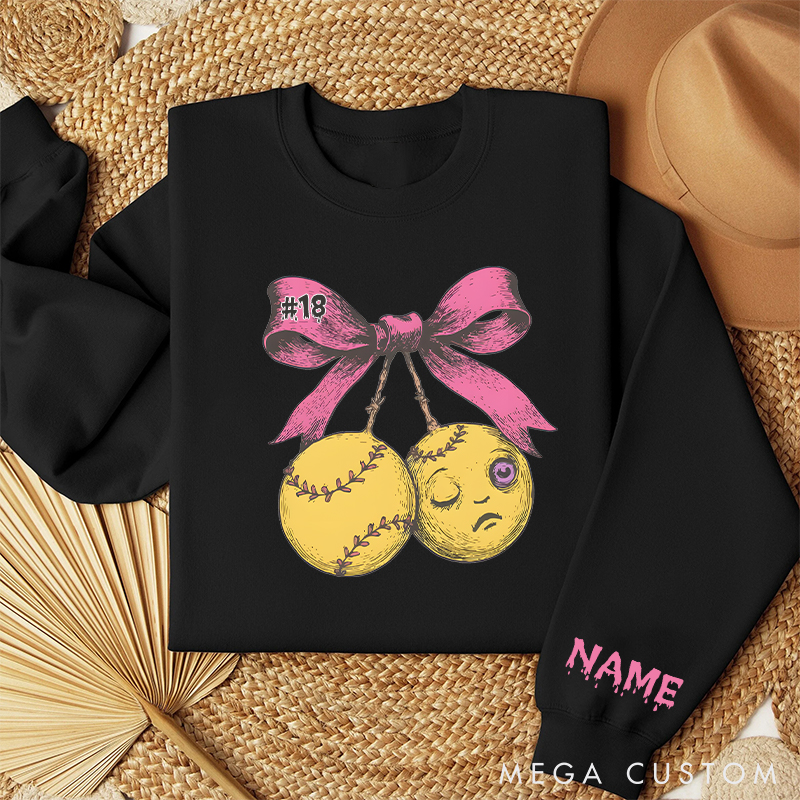 Personalized Halloween Softball Sweatshirt  with Custom Name and Pink Bow Design
