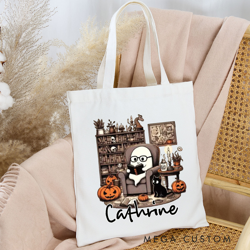 Personalized Retro Ghost Reading Books Tote Bag Custom Canvas Librarian Bag with Name Bookish Pumpkin Bag Book Lover Gift Reader Gift Halloween Gift