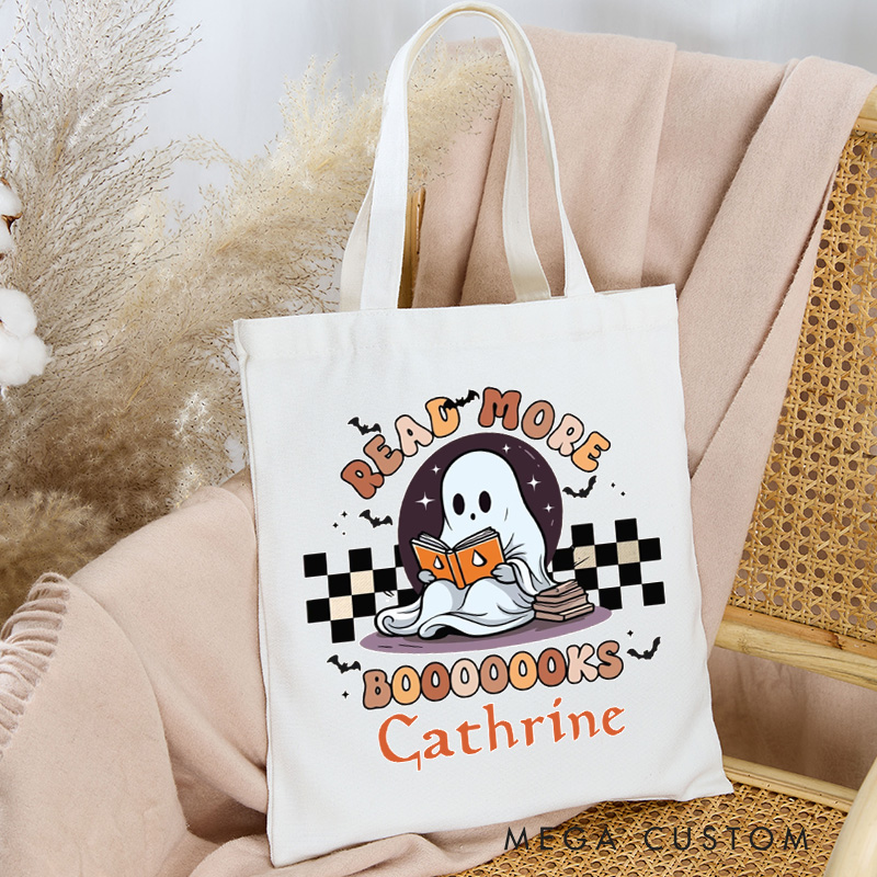 Personalized Read More Books Tote Bag Custom Ghost Book Lover Bag with Name Spooky Librarian Bag Book Lover Gift Reader Gift Halloween Gift
