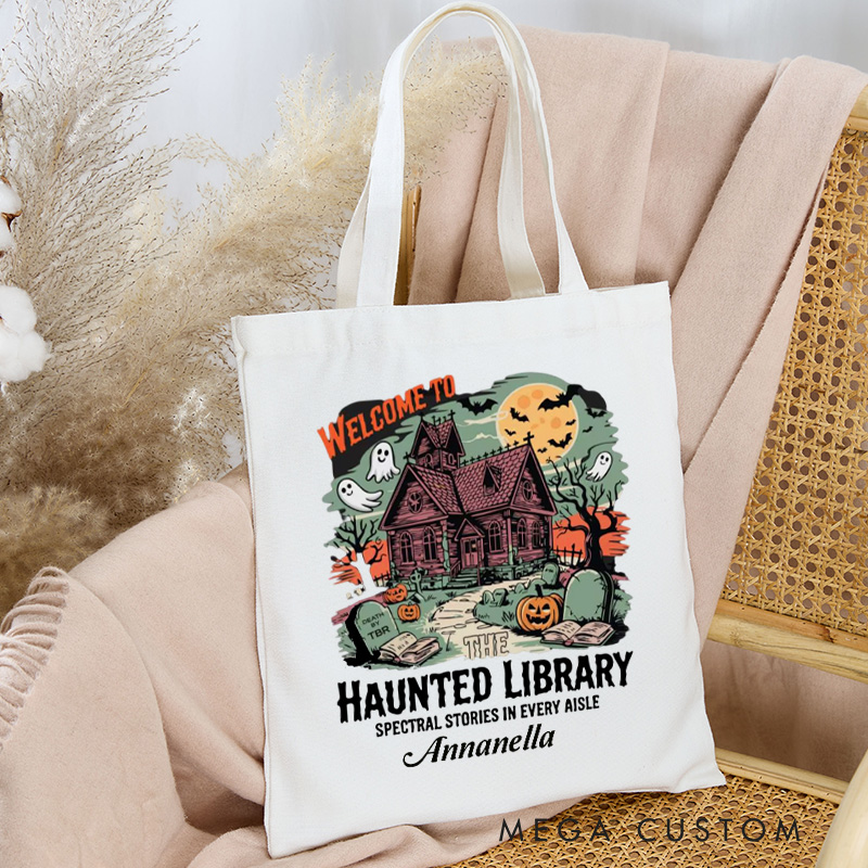 Personalized Cute Ghost Heart Tote Bag Custom Ghost and Bat Bag with Name Retro Canvas Bag Book Lover Gift Reader Gift Halloween Gift