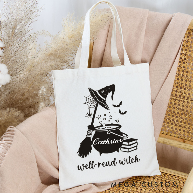 Personalized Well Read Witch Tote Bag Custom Witch Book Bag with Name Scary Book Club Bag Book Lover Gift Reader Gift Halloween Gift