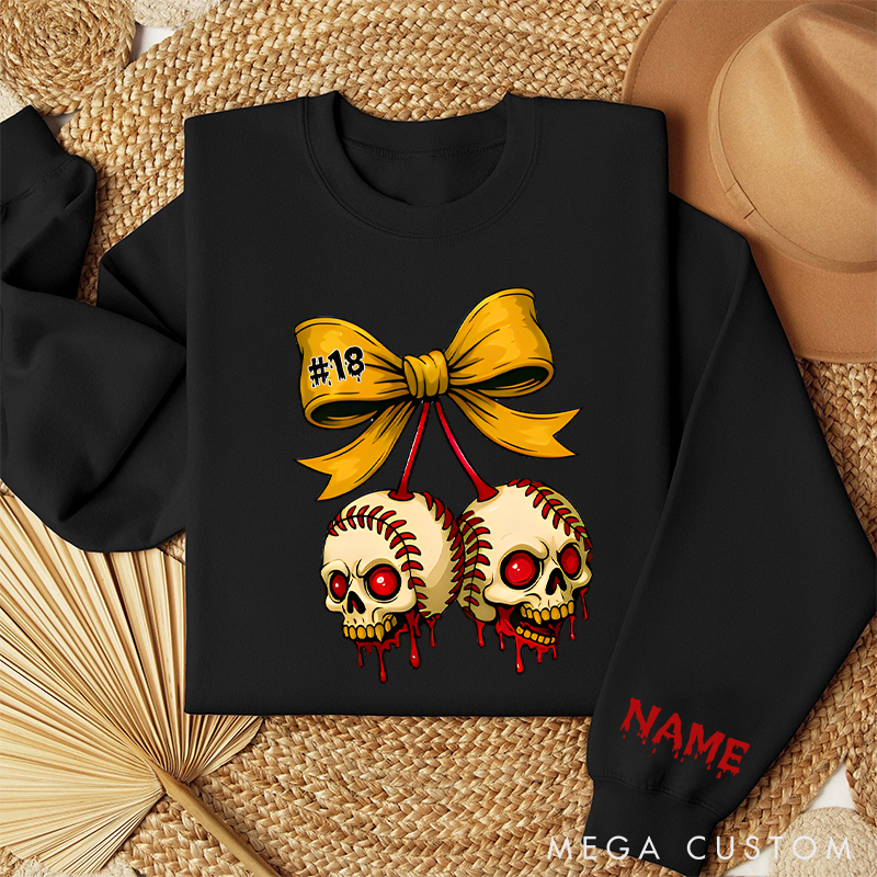 Personalized Halloween Themed Sweatshirt with Skull Baseballs and Custom Number