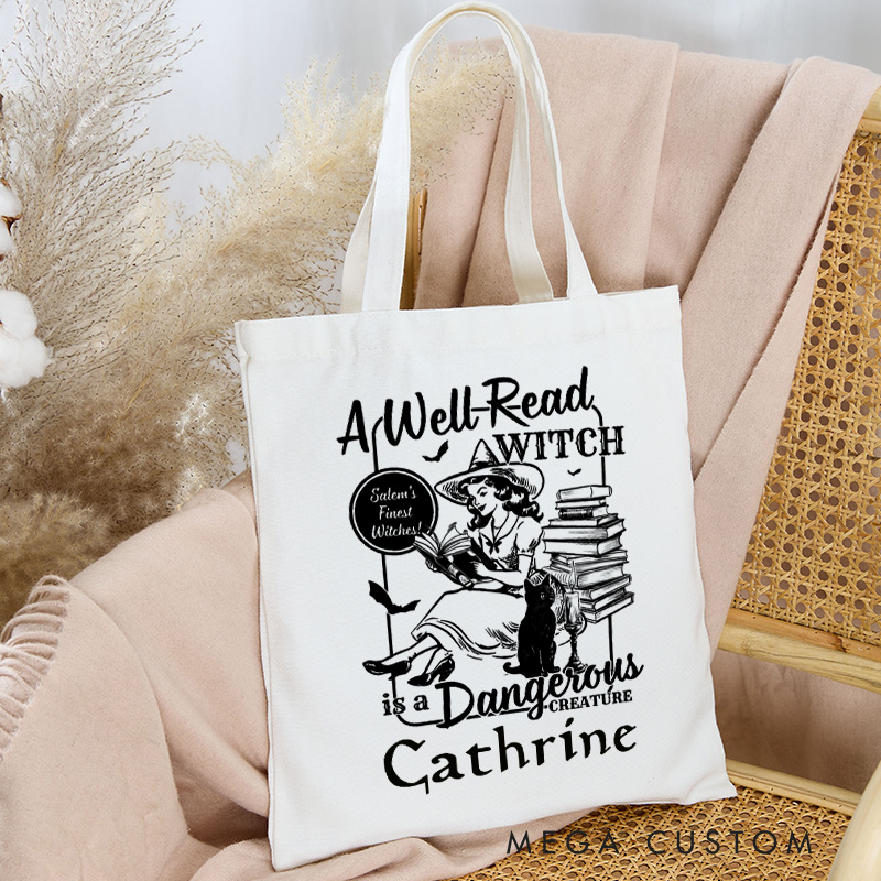 Personalized a Well Read Witch is a Dangerous Creature Tote Bag Custom Retro Book Club Bag with Name Black Cat Tote Bag Book Lover Gift Halloween Gift