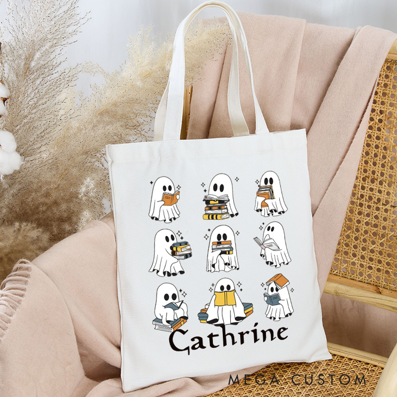 Personalized Ghost Reading Tote Bag Custom Trick or Treat Canvas Bag with Name Halloween Bookish Bag Book Lover Gift Halloween Gift Reader Gift