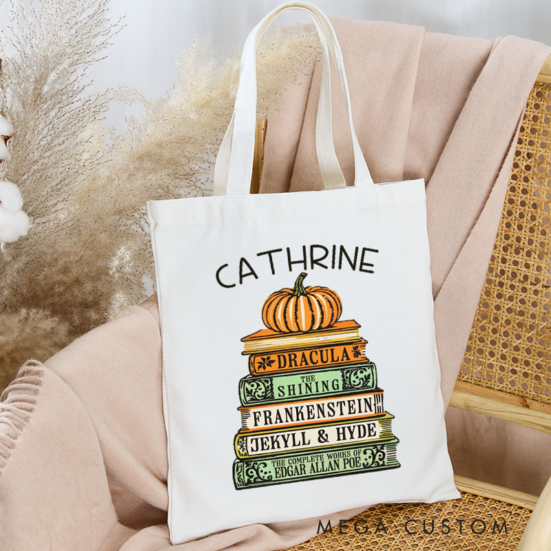 Personalized Book and Pumpkin Tote Bag Custom Horror Book Reader Bag with Name Scary Book Bag Book Lover Gift Halloween Gift Reader Gift