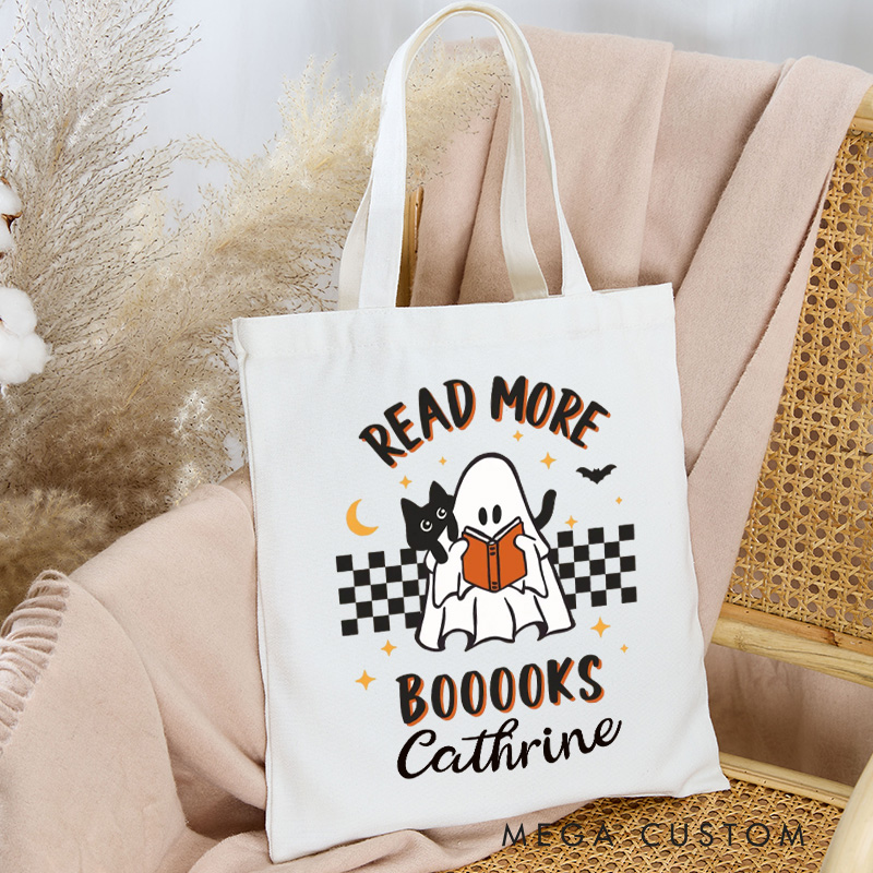 Personalized Read More Books Tote Bag Custom Reading Ghost Bag with Name Ghost and Black Cat Bag Book Lover Gift Halloween Gift Reading Gift