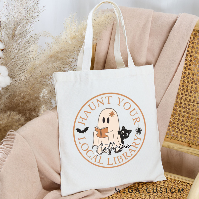Personalized Haunt Your Local Library Tote Bag Custom Spooky Bookish Bag with Name Ghost and Cat Bag Book Lover Gift Halloween Gift Reading Gift