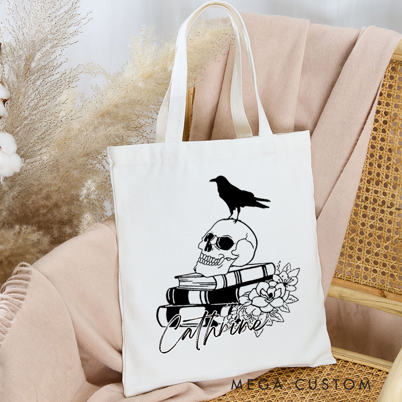 Personalized Floral Skull Book Tote Bag Custom Book Flowers Bag with Name Halloween Book Bag Book Lover Gift Halloween Gift
