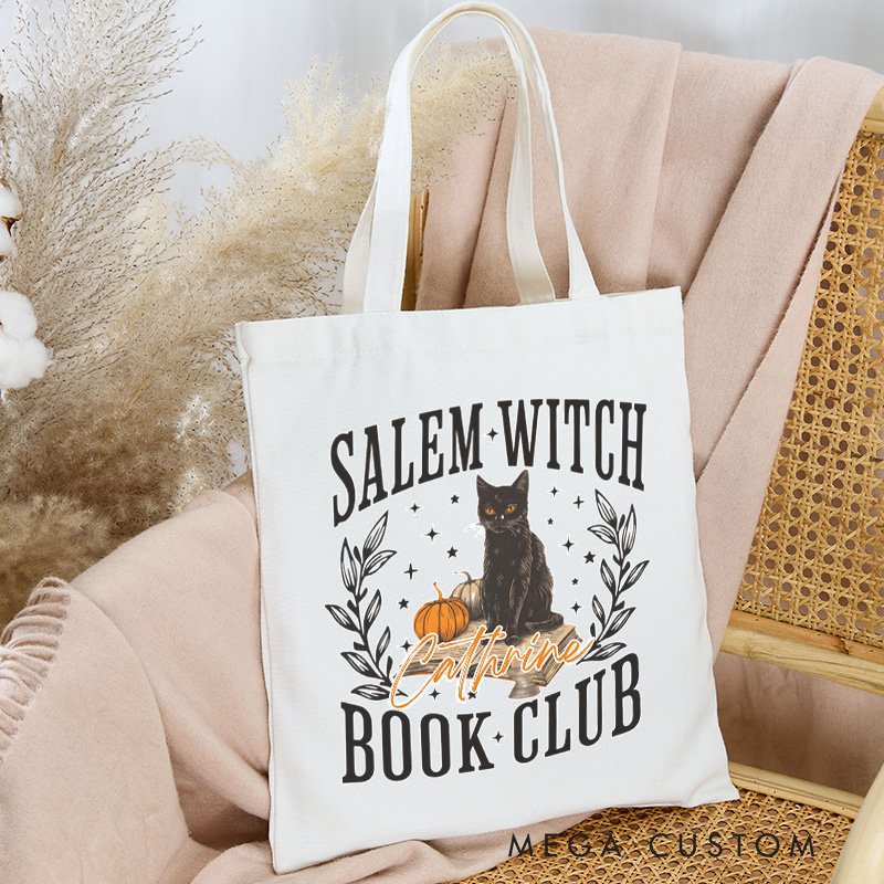 Personalized Witch Book Club Tote Bag Custom Canvas Witchy Book Bag with Name Black Cat Bag Pumpkin Bag Book Lover Gift Halloween Gift