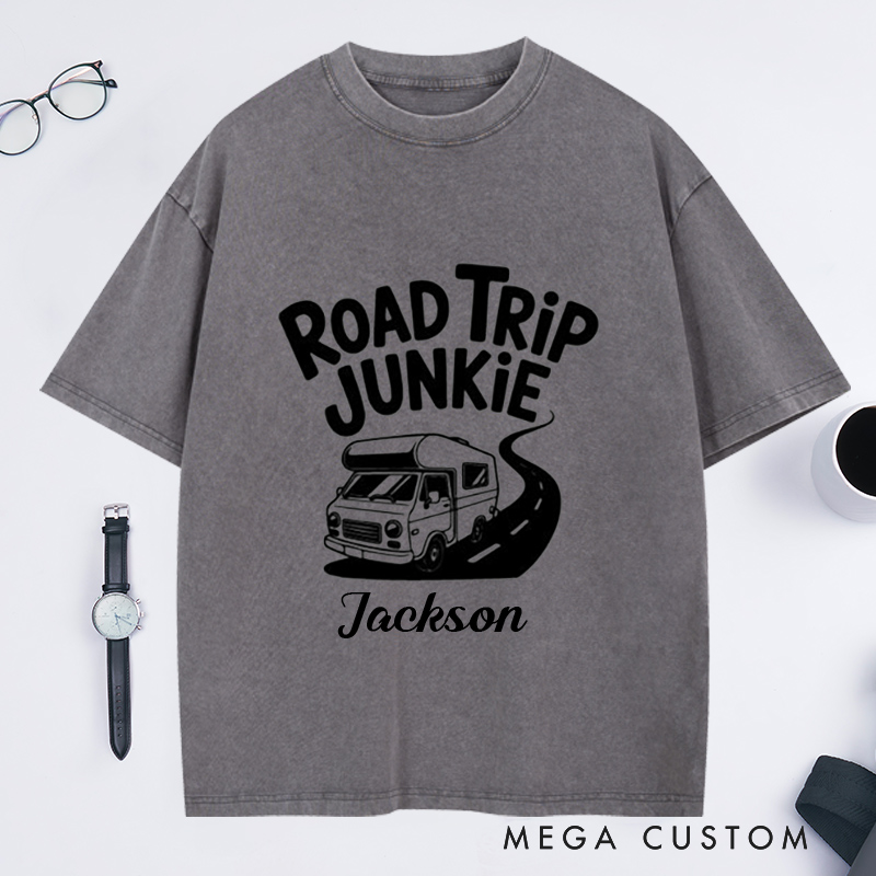 Personalized Road Trip Junkie Washed T-Shirt for Traveling Lovers Traveler Gifts Road Trip Tee